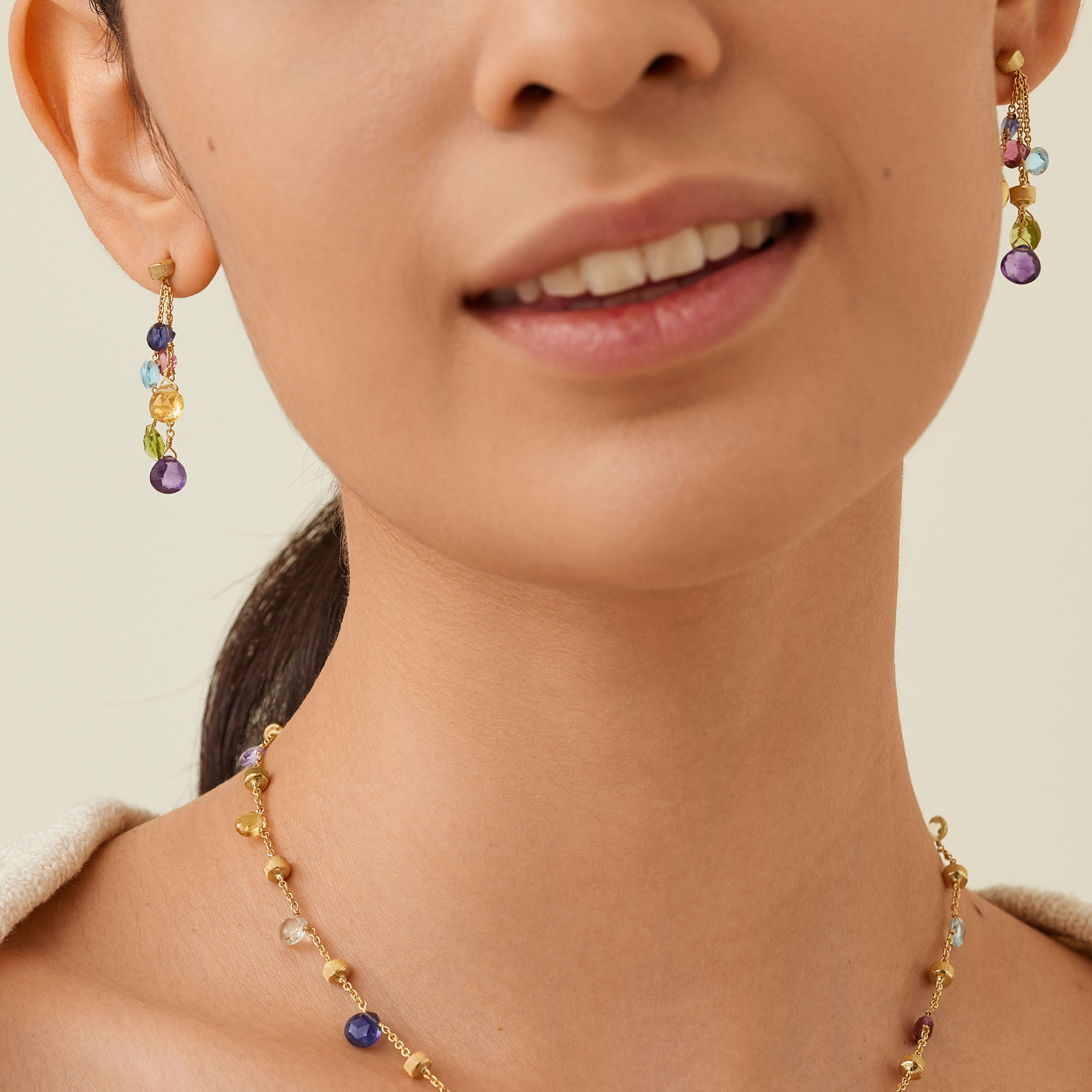 Paradise Yellow Gold Mixed Gemstone Three Strand Drop Earrings Marco Bicego Birks